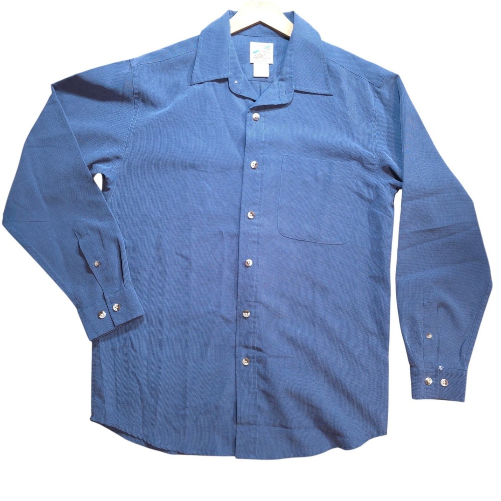 Vtg TravelSmith Men Medium Button Down Shirt Blue Long Sleeve Rayon Blend Casual